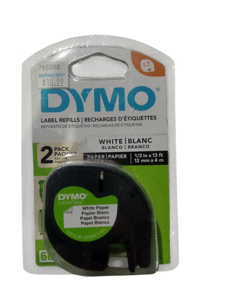 Dymo 10697 Self-Adhesive White Paper Labeling Tape for LetraTag (LT) Label Makers; 3 Blister Packs (6 Refills); Each with Two 1/2" Wide x 13ft Long (12mm x 4m) Refill Rolls - Image 1