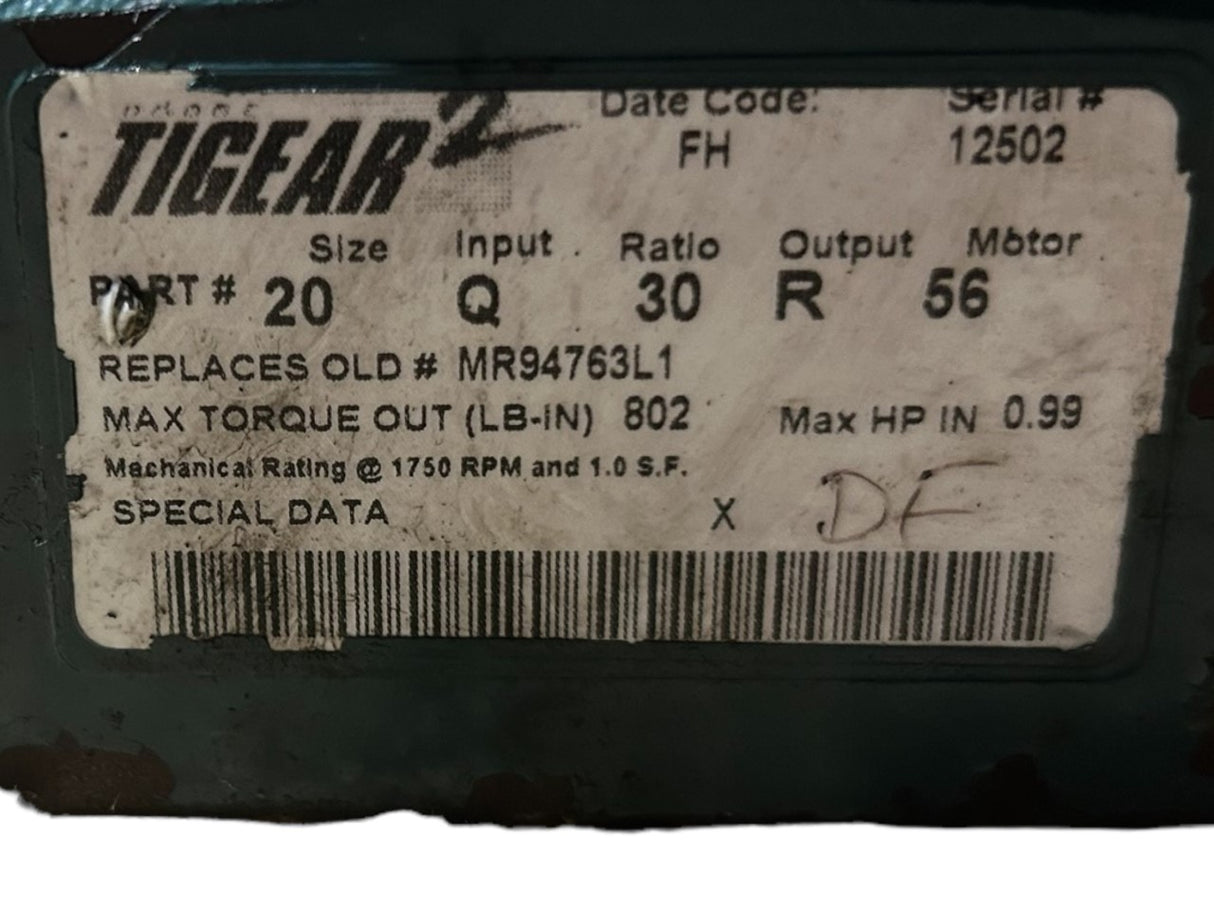 Dodge Tigear-2, 20Q30R56, Size 20, Standard, Right Angle, Worm Gear, Speed Reducer, Quill Input, Solid A Shaft Output, 58 rpm, 802In-Lbs Output Torque - New NO BOX - FreemanLiquidators - [product_description]