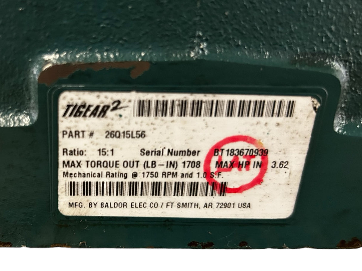 Dodge Tigear-2, 26Q15L56, Standard, Right Angle, Worm Gear, Speed Reducer, Quill Input, Left Solid A Output, 3.62 hp, 15:1 Gear Ratio, 117 rpm - New NO BOX - FreemanLiquidators - [product_description]