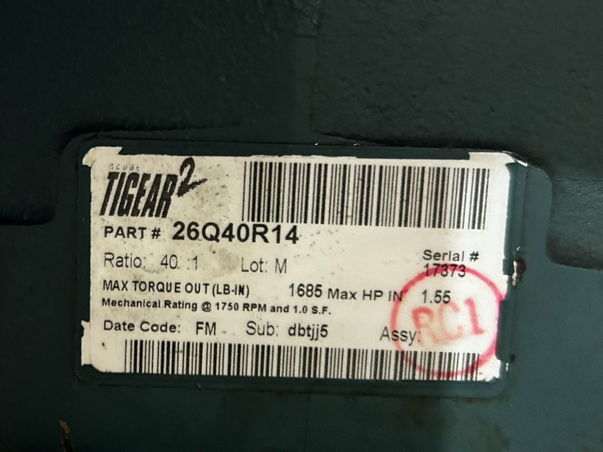 Dodge Tigear-2, 26Q40R14, Size 26, Standard, Right Angle, Worm Gear, Speed Reducer, Quill Input, 1.55 hp, 44 rpm, 1685 in-lb Torque Rating - New NO BOX - FreemanLiquidators - [product_description]