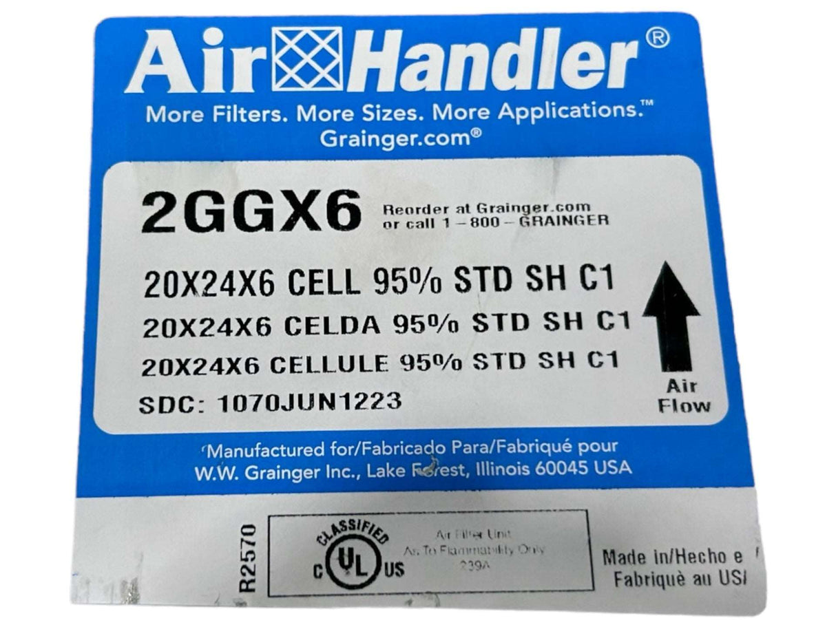 Air Handler, 2GGX6, Cartridge Air Filter, 20x24x6 Nominal Filter Size, Microfiber, Steel, Single Header - FreemanLiquidators - [product_description]