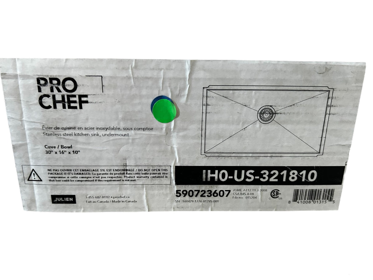 Julien, IH0-US-321810, ProChef, ProInox, H0, 32x18x10, Urban Style, Undermount, Kitchen Sink, Single Bowl - NEW IN BOX - FreemanLiquidators - [product_description]