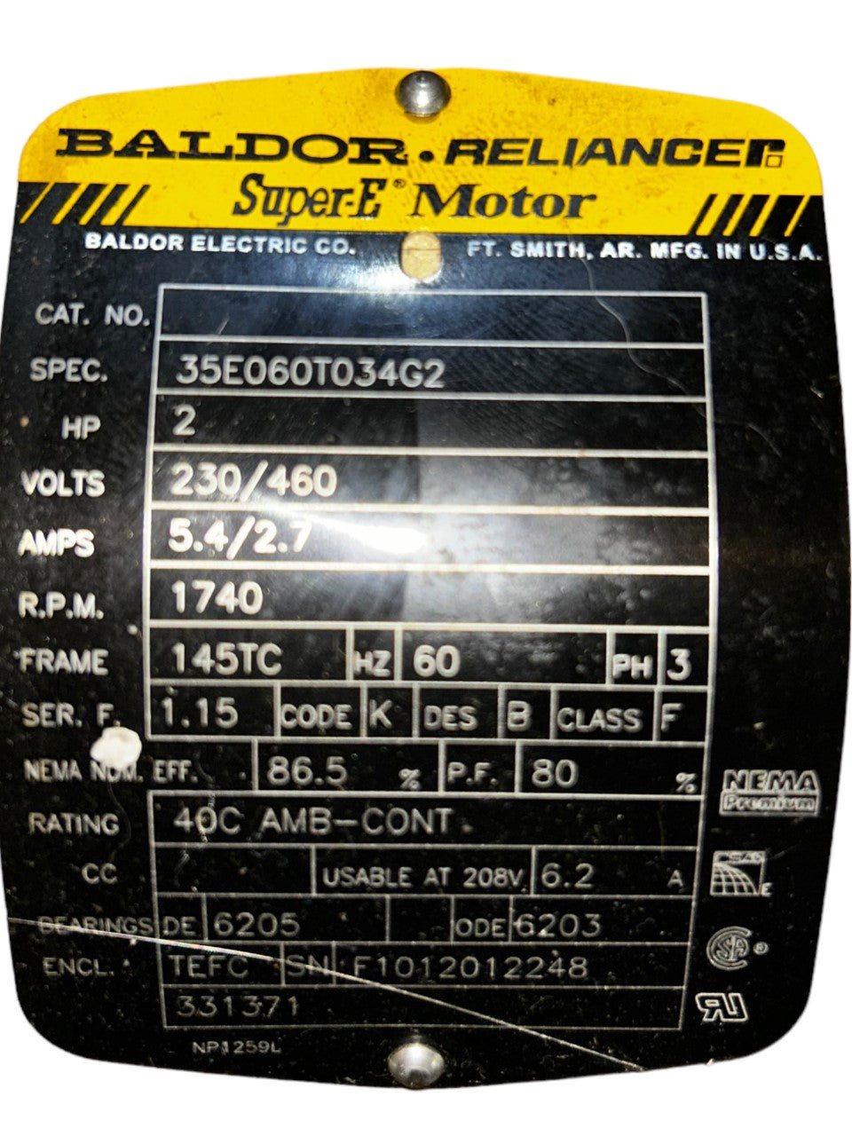 Baldor-Reliance Motors, SPEC: 35E060T034G2, 2HP, 1740RPM, 3PH, 60HZ, 40C, TEFC - New NO BOX - FreemanLiquidators - [product_description]