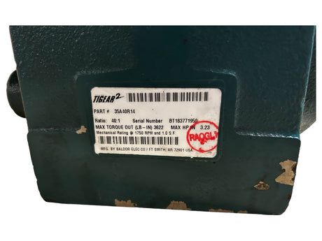 Dodge Tigear-2 35A40R14, Standard, Right Angle, Worm Gear, Speed Reducer, 3-Piece Coupled Input, Solid B Shaft Output, 3.23HP, 40:1 Gear Ratio, 44RPM Maximum Output, 3622 in-lb Torque Rating,  - NEW NEVER USED/NO BOX - FreemanLiquidators - [product_description]
