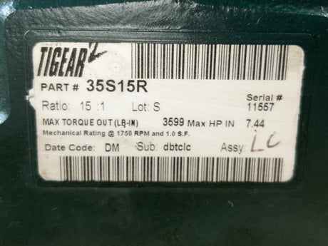 DODGE TIGEAR-2, 35S15R, Cast Iron, Worm Gearbox, Right Angle Reducer, Right Hand Output, 7.44 hp, 15:1 Gear Ratio, 117 rpm - NEW/NEVER USED NO BOX - FreemanLiquidators - [product_description]