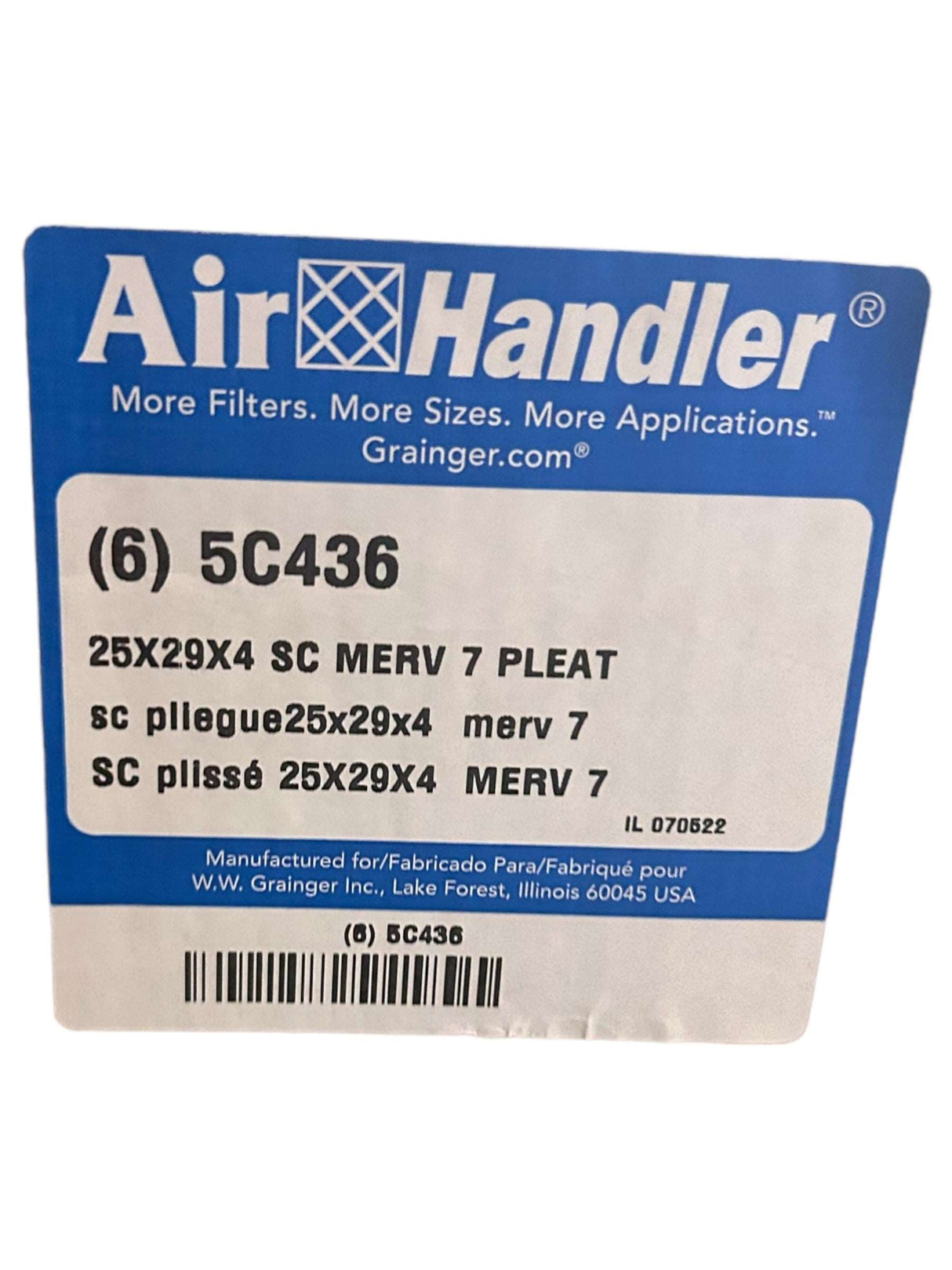 Air Handler, 5C436, Pleated Air Filter, 25x29x4, MERV 7, Pack of 6 - FreemanLiquidators - [product_description]