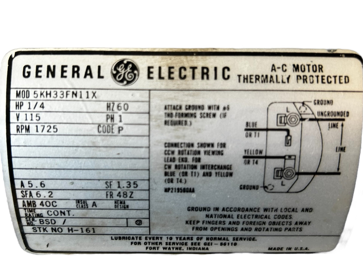 GE MOTORS, 5KH33FN11X, H-161, 1/4HP, MOTOR - NEW IN BOX - FreemanLiquidators - [product_description]