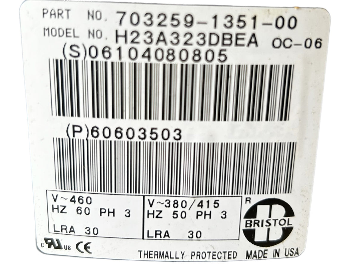 BRISTOL, H23A323DBEA, MCQUAY, 60603503, R22, 2-2/3HP, 460V, 32700BTU Compressor - NEW IN BOX - FreemanLiquidators - [product_description]