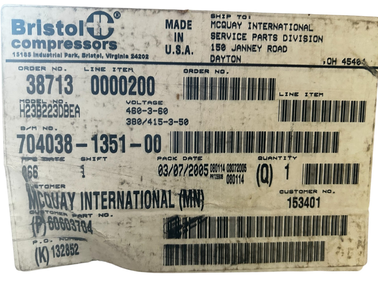 BRISTOL, H23B223DBEA, MCQUAY, 60603704, R22, 460V, 22650BTU Compressor - NEW IN BOX - FreemanLiquidators - [product_description]