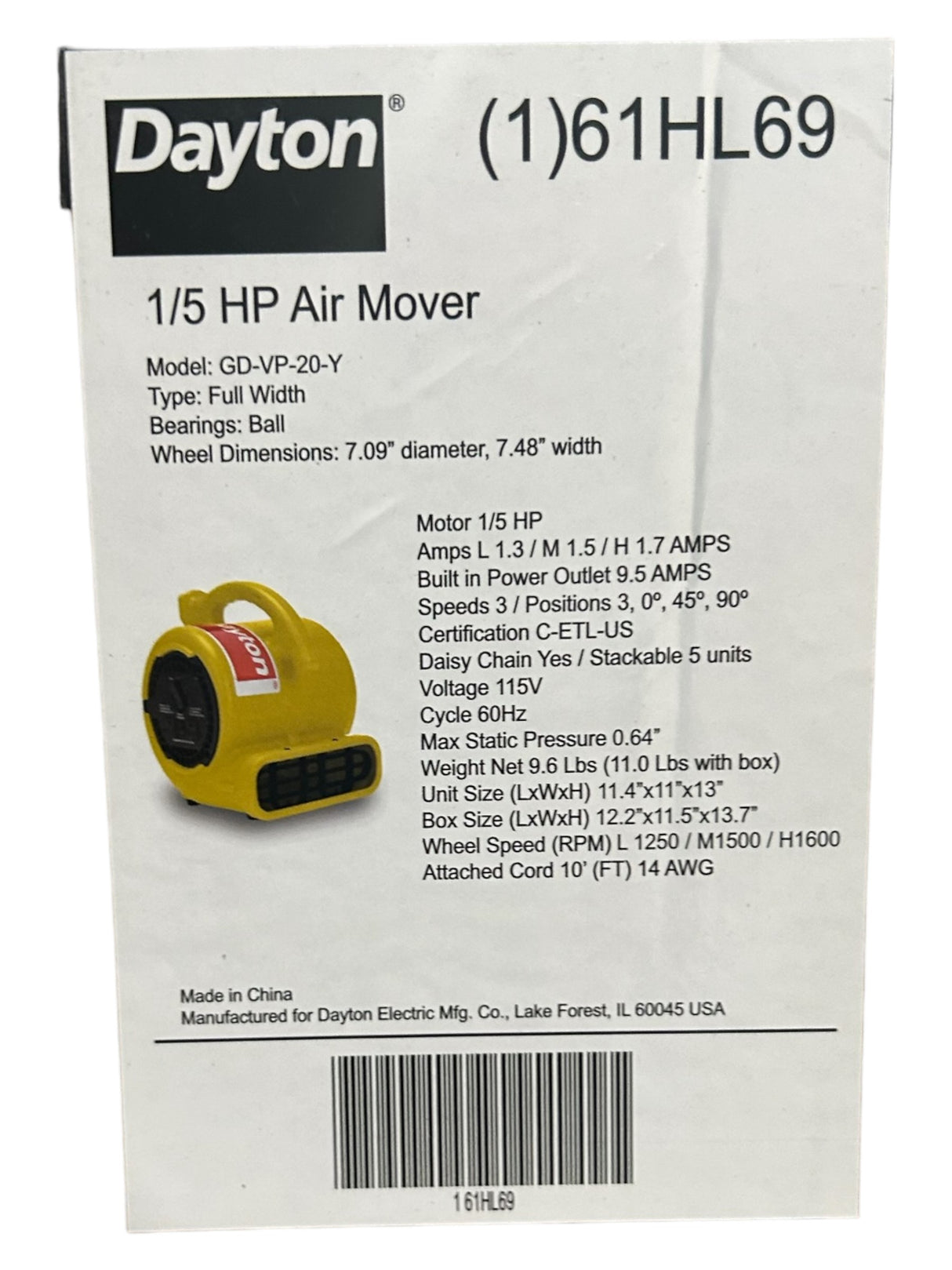 Dayton, 61HL69, 3 Speeds, 1/5 hp, 115V AC, 10 ft Cord, Yellow - FreemanLiquidators - [product_description]