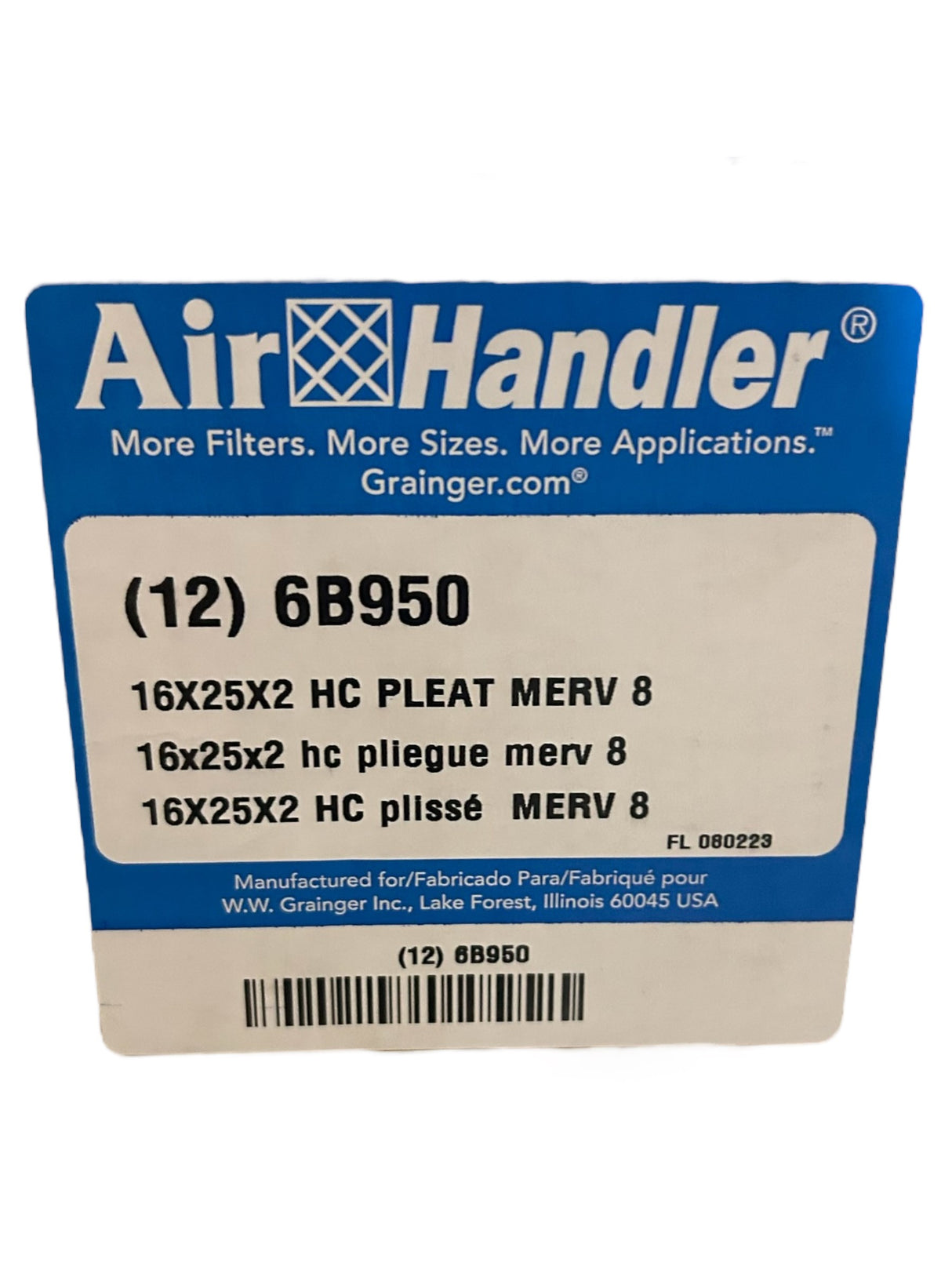 Air Handler, 6B950, Pleated Air Filter, 16x25x2, MERV 8, High Capacity, Pack of 12 - FreemanLiquidators - [product_description]