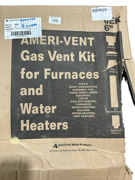 Ameri-Vent, Gas Vent Pipe Kit, 6 in Duct, 1 ft Lg, Steel, Category I, Std Pipe, Galvanized Steel - FreemanLiquidators - [product_description]