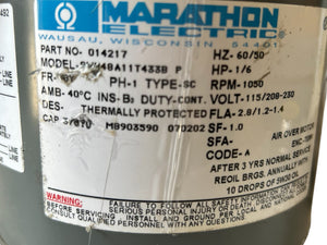 MARATHON, ELECTRIC, 9WH48A11T433B P, MOTOR, HP 1/6, HZ 60, RPM 1050 - NEW NO BOX - FreemanLiquidators - [product_description]