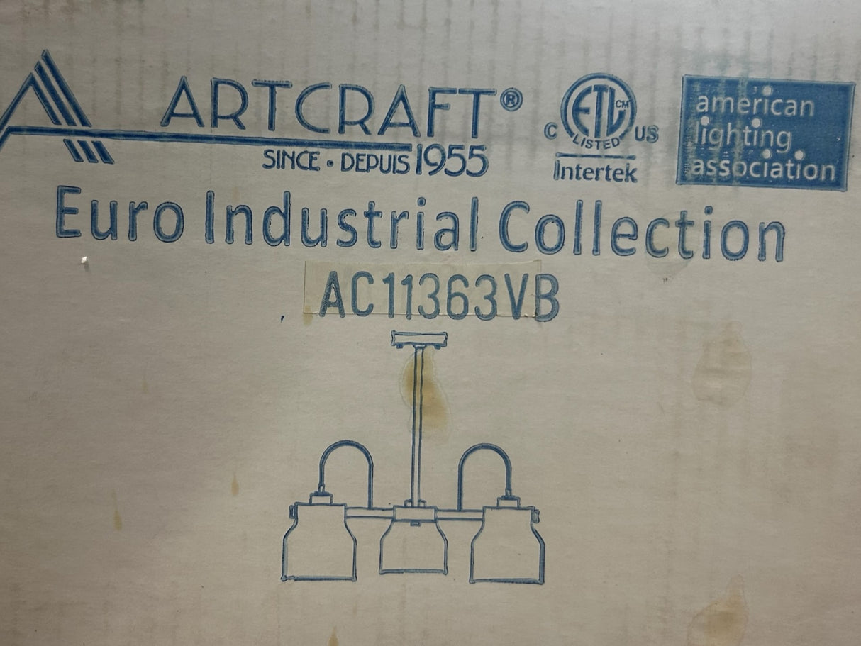 Artcraft, AC11363VB, Euro Industrial, 3 Light, 21 inch, Matte Black and Harvest Brass Chandelier Ceiling Light - New in Box - FreemanLiquidators - [product_description]