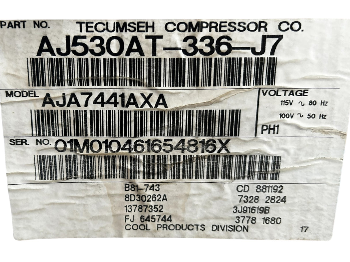 Tecumseh, AJ530AT-336-J7, AJA7441AXA, R12, 115V, 4400BTU, Refrigeration, Compressor - NEW IN BOX - FreemanLiquidators - [product_description]