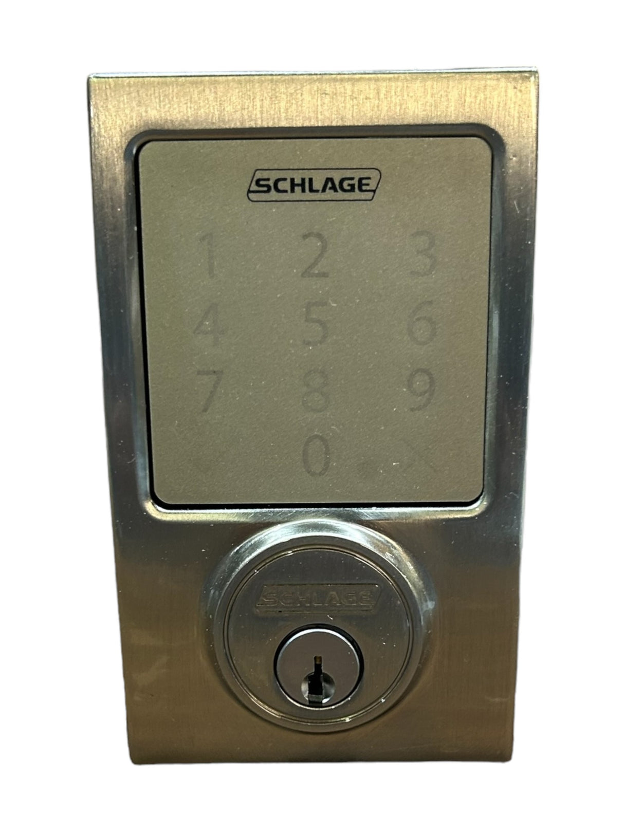 Schlage Residential BE479AA V CEN 619 Sense Smart Century Touchpad Deadbolt Works with Apple HomeKit with 12344 Latch and 10116 Strike Satin Nickel Finish - New in Box - FreemanLiquidators - [product_description]