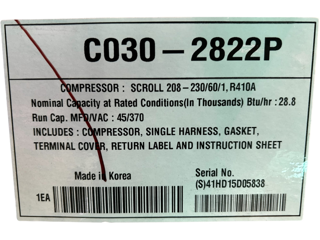 Factory Authorized Parts, Carrier, C030-2822P, Scroll Compressor, 208-230V, 60HZ, 1PH, R410A - FreemanLiquidators - [product_description]