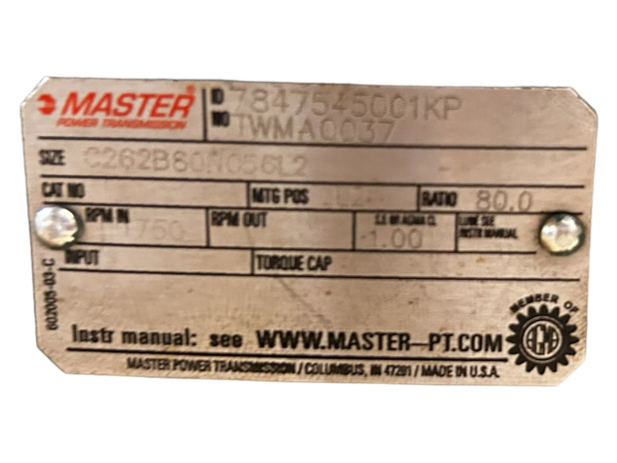 Master Power Transmission, C262B80N056L2, Right Angle Reducer- NEW NO BOX - FreemanLiquidators - [product_description]