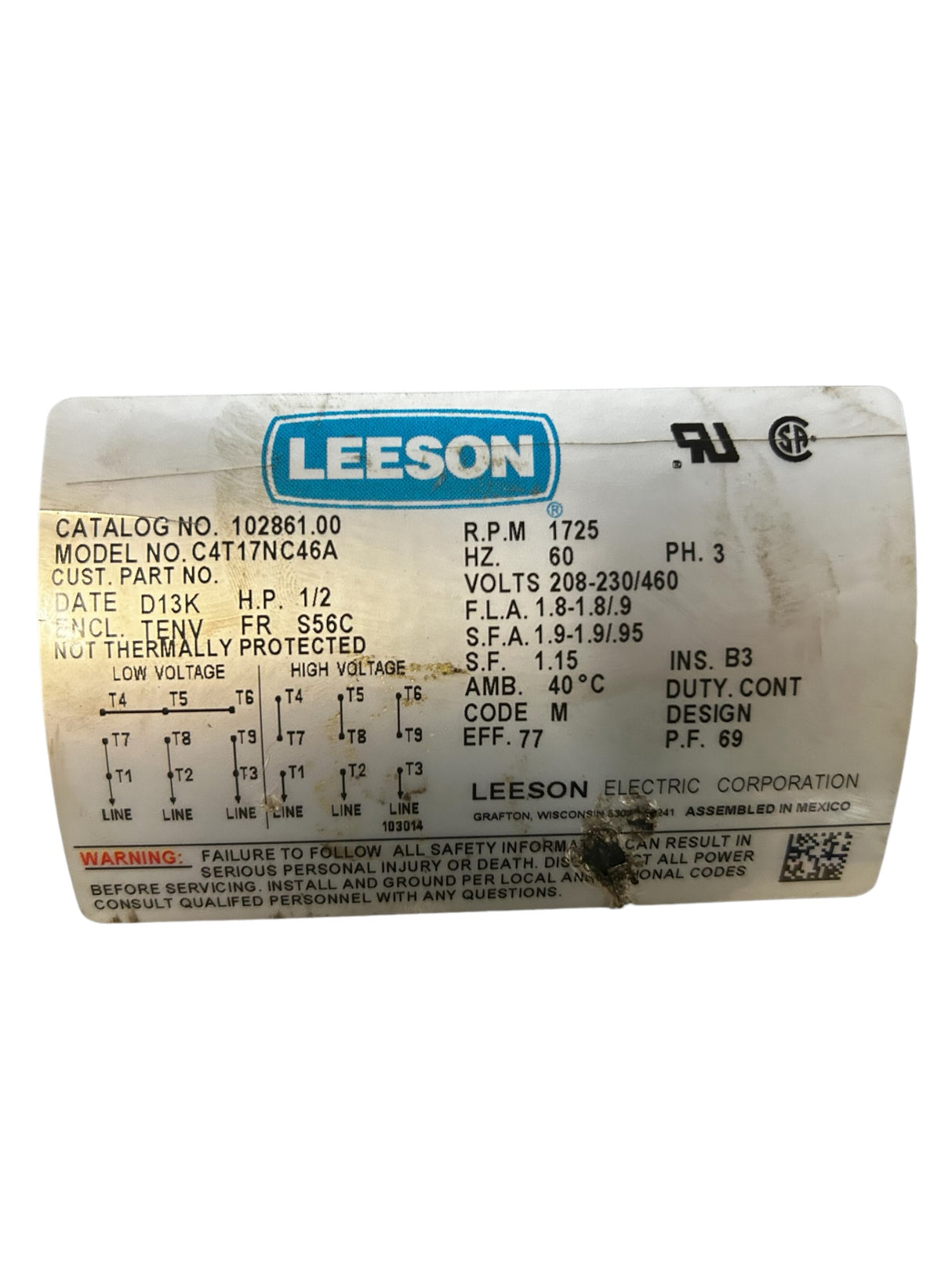 REGAL BELOIT LEESON ELECTRIC CO, C4T17NC46A, General Purpose Motor - 3 ph, 1/2 hp, 1750 rpm, 208-230/460 V - New No Box - FreemanLiquidators - [product_description]