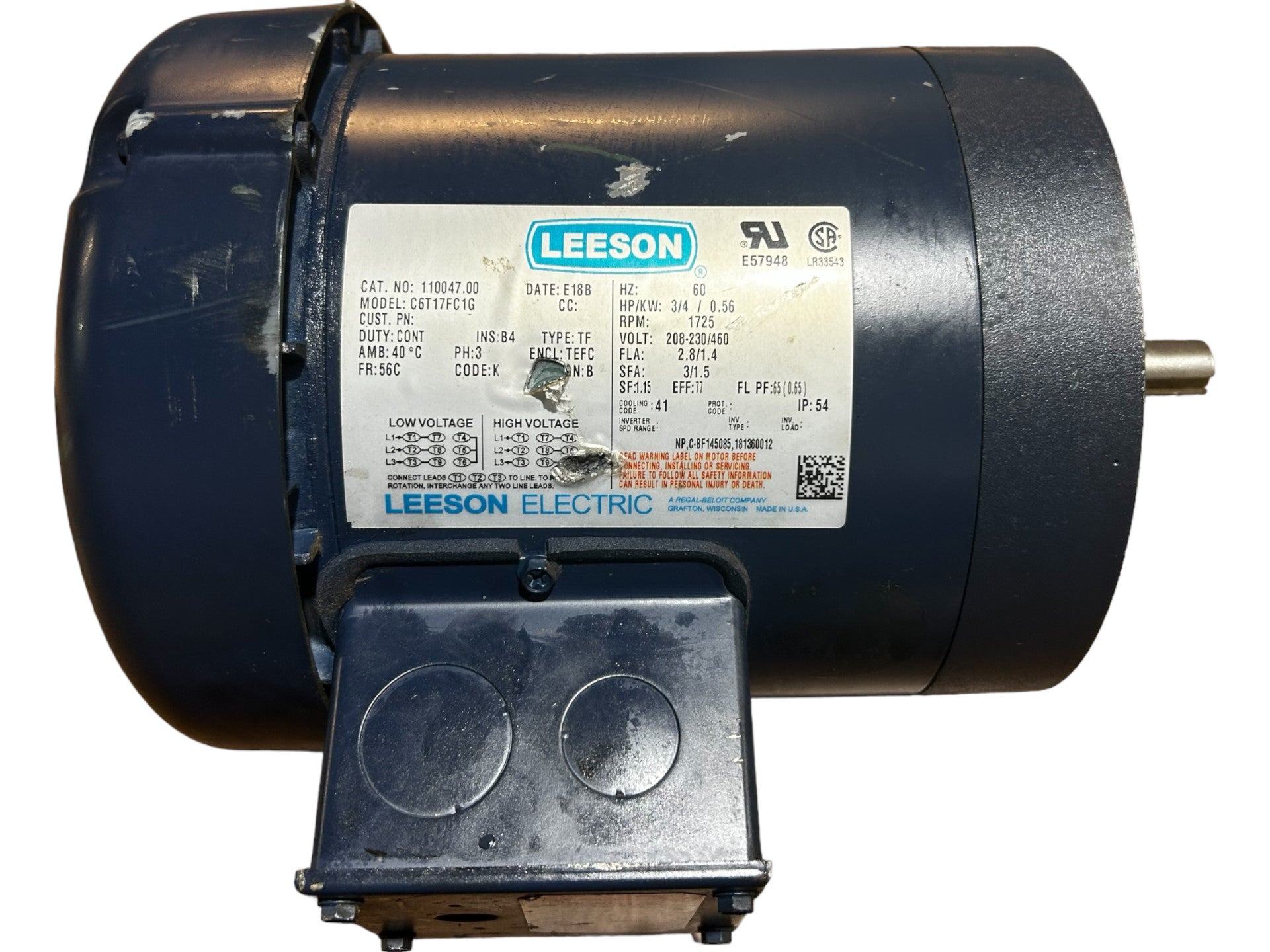 REGAL BELOIT LEESON ELECTRIC CO, C6T17FC1G, General Purpose Motor - 3 ph,  3/4 HP, 1725 RPM, 208-230/460 V - New No Box