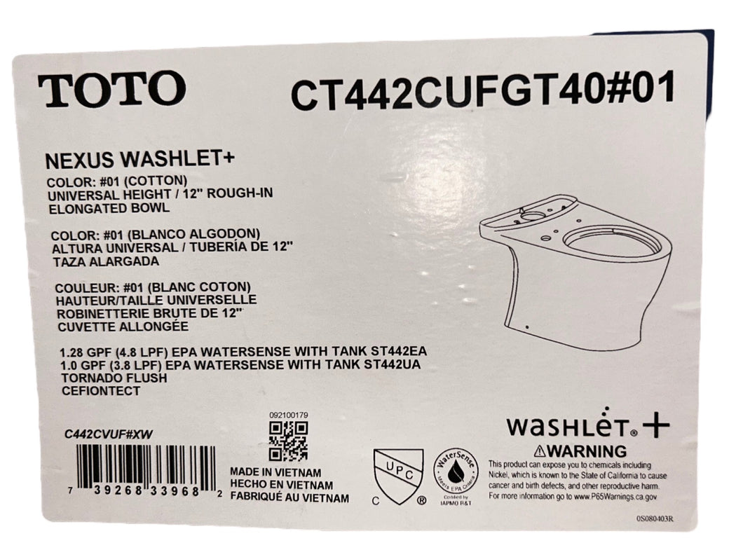 Toto, CT442CUFGT40#01, Nexus, Elongated, Chair Height, Toilet Bowl, Cotton White - New in Box - FreemanLiquidators - [product_description]