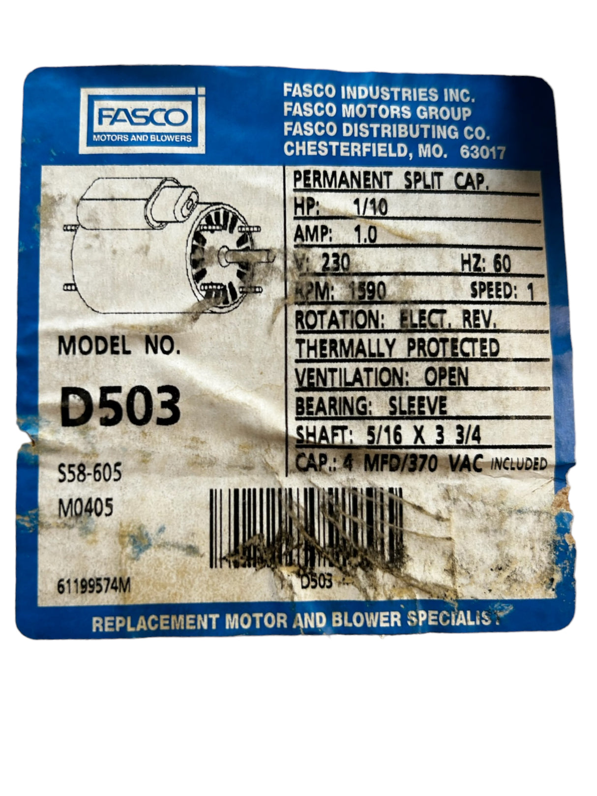 FASCO INDUSTRIES, D503,  1/10 HP, 1590 rpm, 230V, 3.3", Diameter- NEW IN BOX - FreemanLiquidators - [product_description]