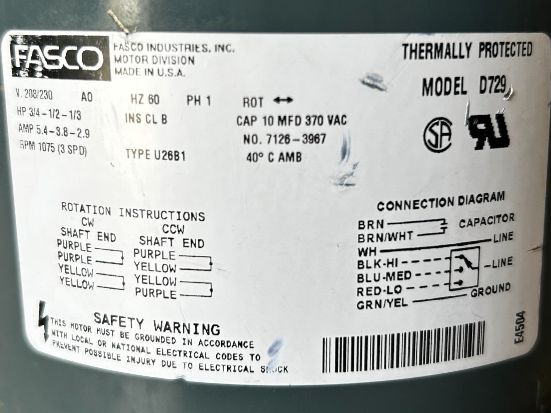 FASCO, 7126-3967, D729, 3/4-1/2-1/3HP, 1075 RPM, MOTOR - NEW NO