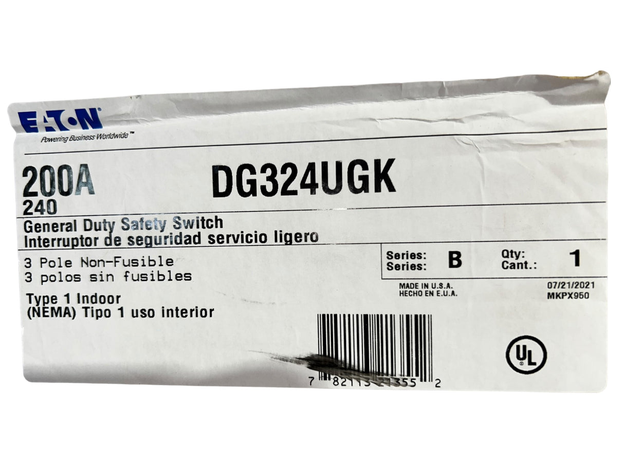 Eaton - Cutler Hammer DG324UGK, General Duty Cartridge Non-Fusible Safety Switch, NEMA 1, 200A, Three-pole, Three-wire, 240 V - FreemanLiquidators - [product_description]