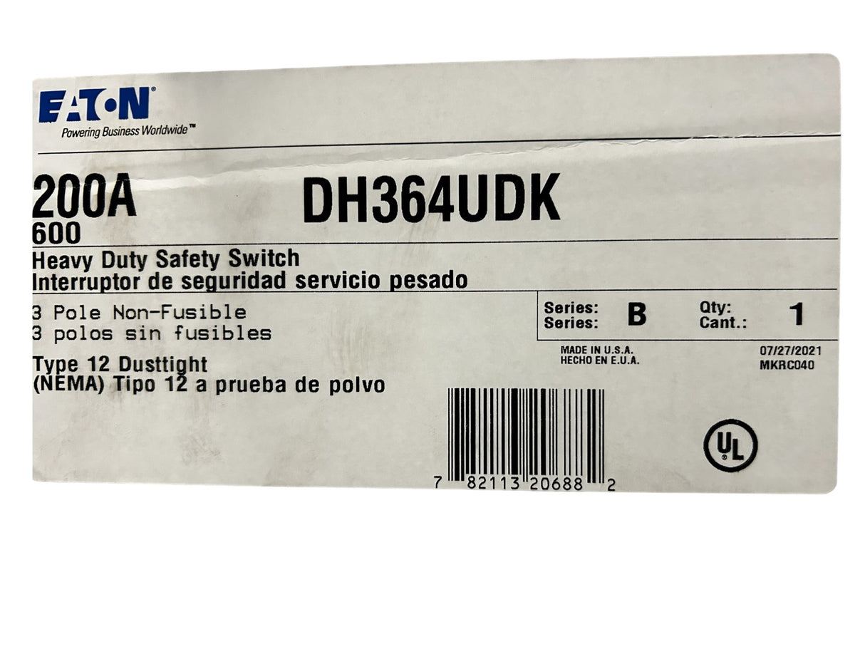 EATON - CUTLER HAMMER, DH364UDK - Heavy duty single-throw non-fused safety switch, NEMA 12, Non-Fusible, Three-pole, Three-wire - FreemanLiquidators - [product_description]