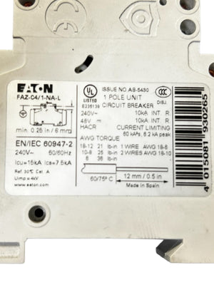 Eaton - Cutler Hammer FAZ-C4/1-NA-L Circuit Breaker - NEW NO BOX - FreemanLiquidators - [product_description]