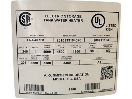 AO Smith, ENJ-40 100, ProLine, 38-Gallon, Lowboy, Side-Connect, Electric, Water Heater - FreemanLiquidators - [product_description]