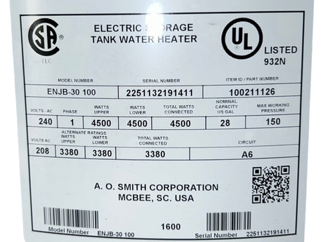 AO Smith, ENJB-30 100, ProLine, 28-Gallon, Lowboy, Side-Connect, Electric Water Heater - FreemanLiquidators - [product_description]