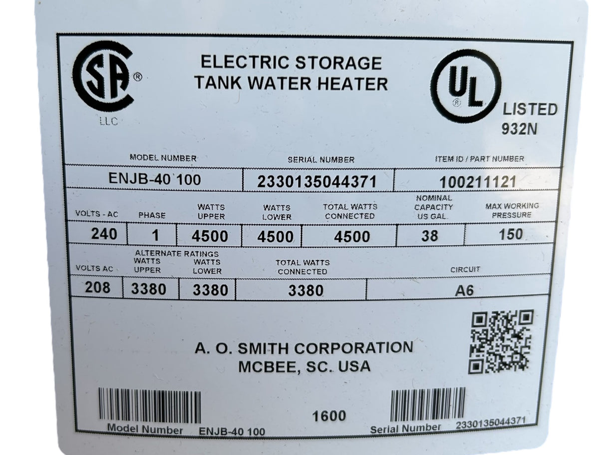 AO Smith, ENJB-40 100, ProLine, 38-Gallon, Lowboy, Side-Connect, Electric, Water Heater - FreemanLiquidators - [product_description]