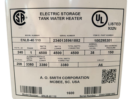 AO Smith, ENLB-40 110, ProLine, 38-Gallon, Lowboy, Top Connect, Electric, Water Heater - FreemanLiquidators - [product_description]