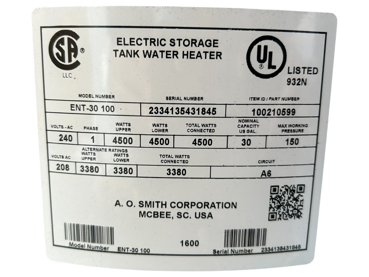 AO Smith, ENT-30 100, ProLine, 30-Gallon, Tall, Electric Water Heater - FreemanLiquidators - [product_description]