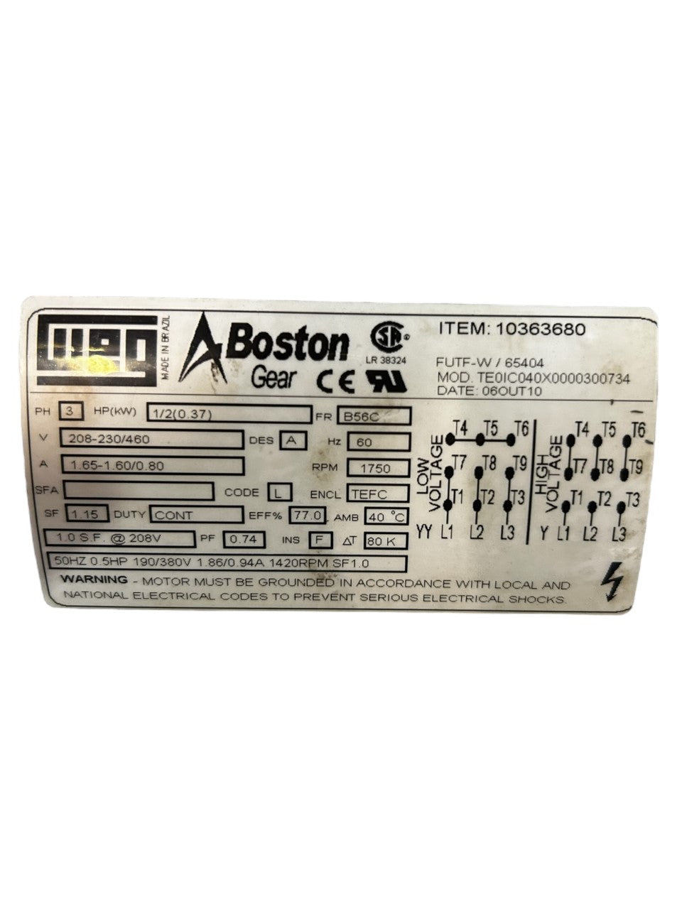 BOSTON GEAR FUTF-W/65404, AC MOTOR, 1/2HP, 230/460V, 3PH - NEW NO BOX - FreemanLiquidators - [product_description]