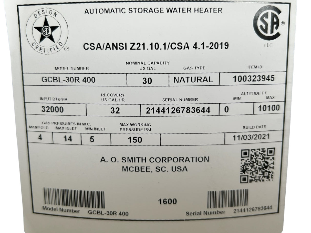 AO Smith, GCBL-30R 400, Proline, 30-Gallon Atmospheric Vent, Short, Natural Gas, Water Heater - FreemanLiquidators - [product_description]