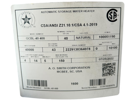 AO Smith, GCBL-40 400, ProLine, 40-Gallon, Atmospheric Vent, Short, Natural Gas, Water Heater - FreemanLiquidators - [product_description]