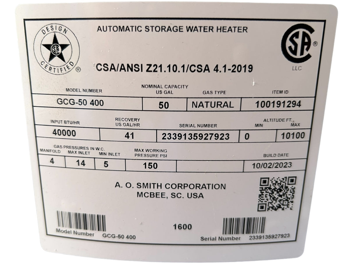 AO Smith, GCG-50 400, ProLine, 50-Gallon, Atmospheric Vent, Tall, Natural Gas, Water Heater - FreemanLiquidators - [product_description]