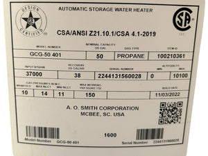 AO Smith, GCG-50 401, ProLine, 50-Gallon, Atmospheric Vent, Tall, Propane, LP, Water Heater - FreemanLiquidators - [product_description]