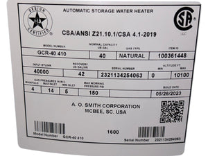 AO Smith, GCR-40 410, ProLine, 40-Gallon, Atmospheric Vent, Tall, Natural Gas, Water Heater - FreemanLiquidators - [product_description]