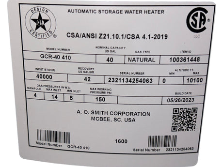 AO Smith, GCR-40 410, ProLine, 40-Gallon, Atmospheric Vent, Tall, Natural Gas, Water Heater - FreemanLiquidators - [product_description]