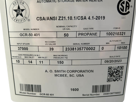 AO Smith, GCRT-50 400, Proline, 50-Gallon Atmospheric Vent, Tall, Propane, LP, Water Heater - FreemanLiquidators - [product_description]