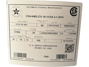 AO Smith, GCR-50 401, ProLine, 50-Gallon, Atmospheric Vent, Tall, Propane, LP, Water Heater - FreemanLiquidators - [product_description]