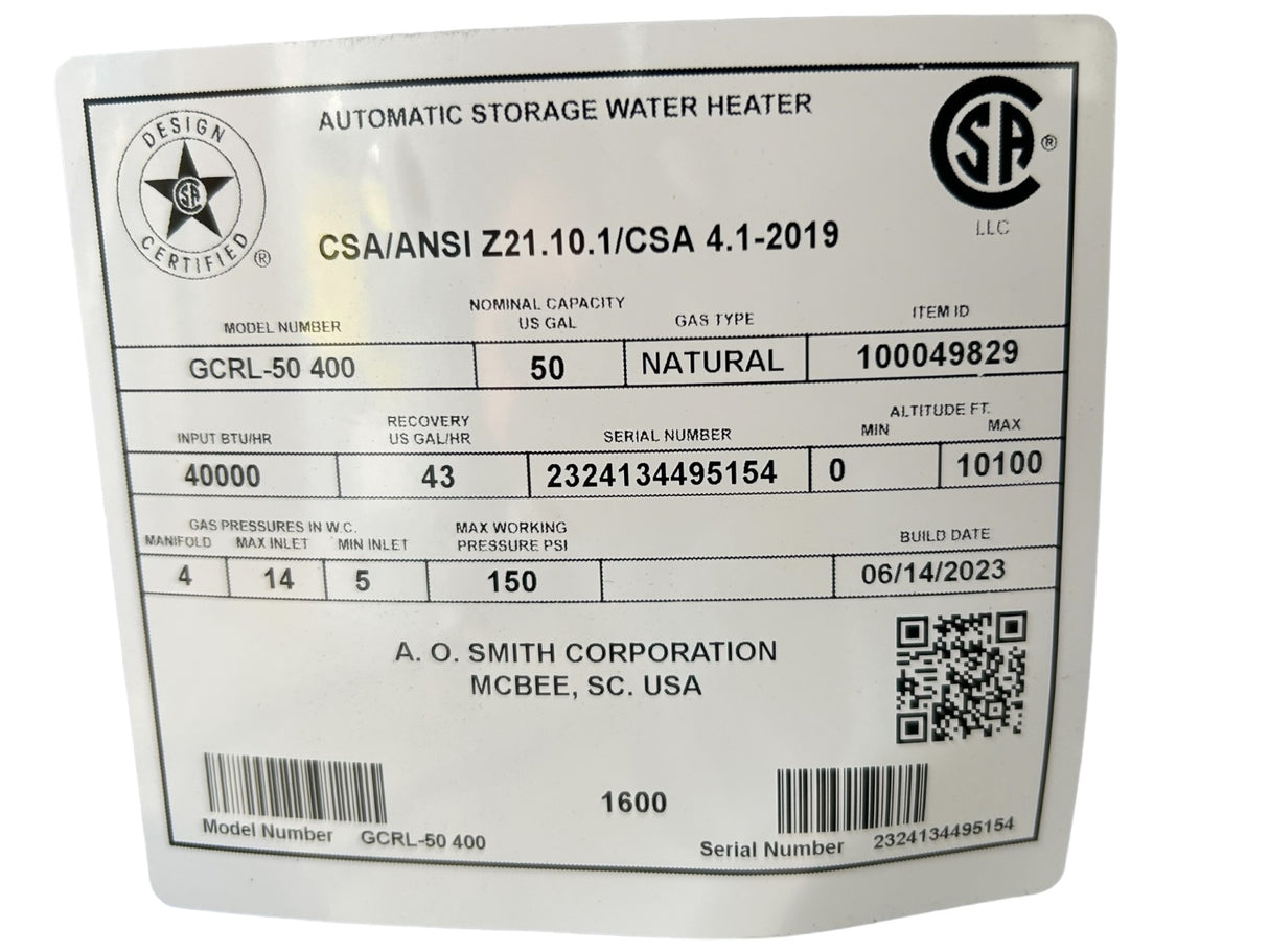 AO Smith, GCRL-50 400, ProLine, 50-Gallon, Atmospheric Vent, Short, Natural Gas, Water Heater - FreemanLiquidators - [product_description]