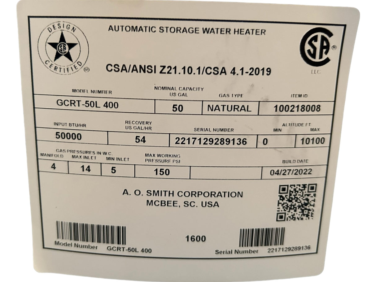 AO Smith, GCRT-50L, ProLine, 50-Gallon, Atmospheric Vent, Tall, Natural Gas, Water Heater - FreemanLiquidators - [product_description]