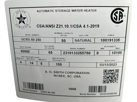 AO Smith, GCRX-50 250, Proline, 50-Gallon Atmospheric Vent Tall Natural Gas Water Heater - FreemanLiquidators - [product_description]