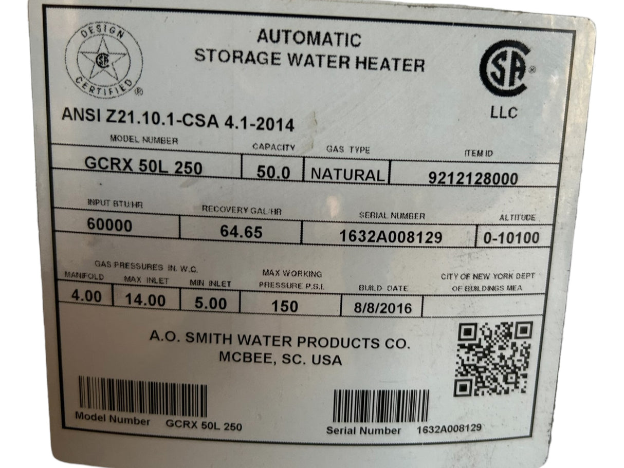 AO Smith, GCRX-50L 250, ProLine, 50-Gallon, Atmospheric Vent, Tall, Natural Gas, Water Heater - FreemanLiquidators - [product_description]