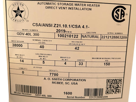 AO Smith, GDV-40L 300, ProLine, 40-Gallon, Direct Vent, Natural Gas, Water Heater - FreemanLiquidators - [product_description]