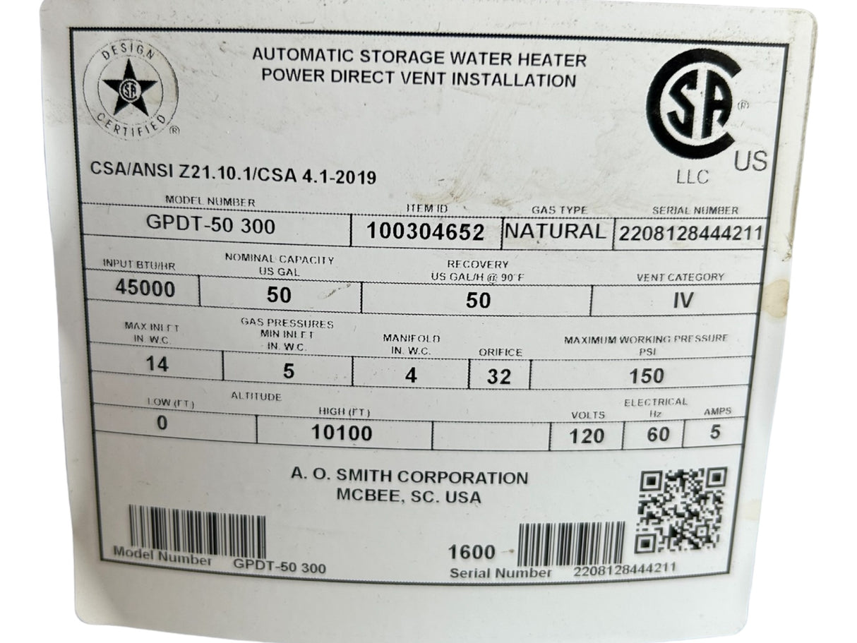 AO Smith, GPDT-50 30, ProLine, XE, 50-Gallon, Power Direct Vent, Natural Gas, Water Heater - FreemanLiquidators - [product_description]